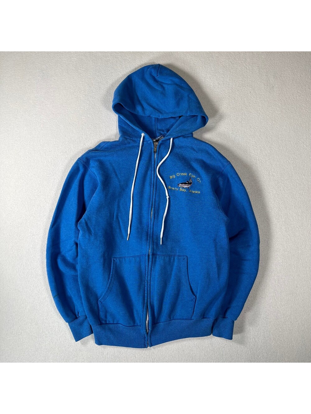 Vintage Hanes Blue Zip-Up Hoodie with Big Creek Fish Co. Alaska Embroidery M
